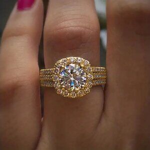 3/$35 Gold Tone Halo Engagement Ring with Gems Copper Crystal Cubic Zirconia CZ